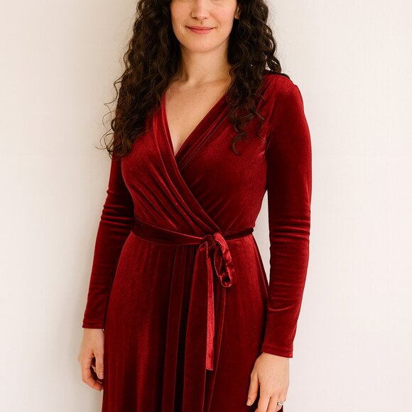 SHEIN Dresses & Skirts - SHEIN red velvet velour maxi dress wrap asymmetric belted L holiday party event